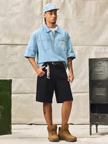Norleigh Men's Casual Oblique Pocket Solid Black Denim Bermuda Shorts Jorts Cargo Pants - Black - View 8
