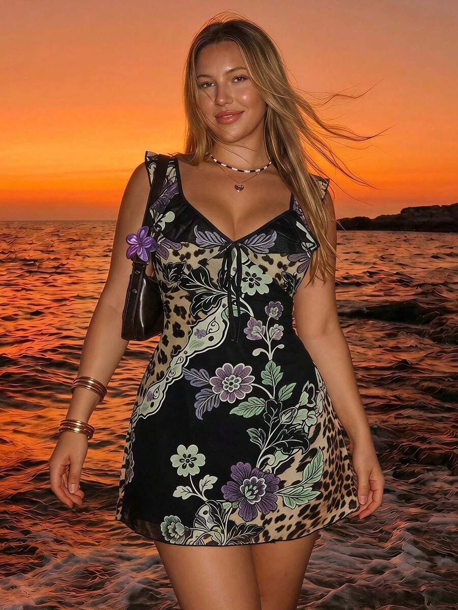 SHEIN ICON Women's Plus Size Floral Print Patchwork Ruffle Hem Front Tie Dress For Vacation - Multicolor - View 1