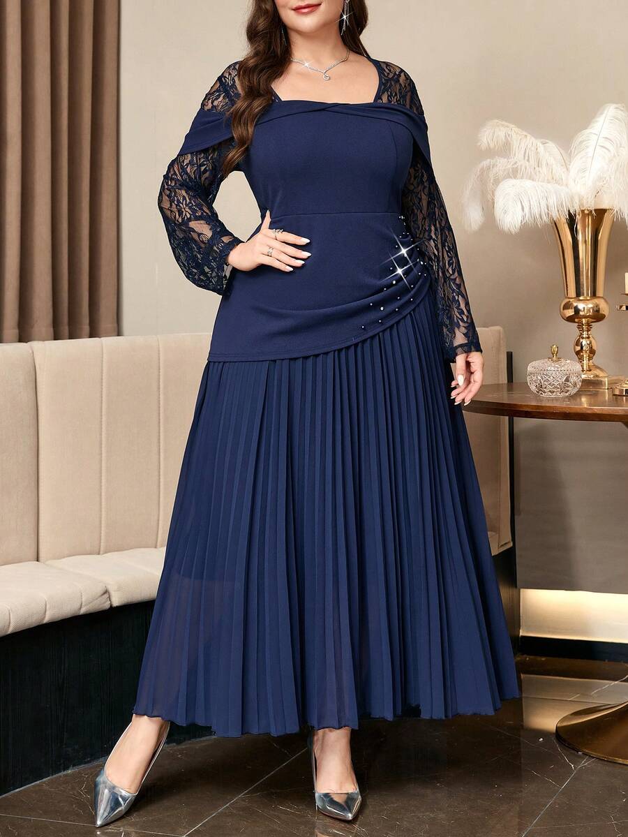Reflora Plus Size Rhinestone Lace Elegant Casual Pleated Dress For Evening Party Formal Brunch Autumn Wedding Navy Blue