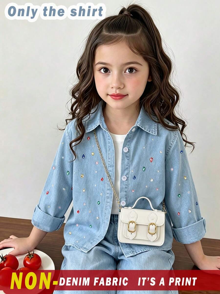 Elladie kids 女童淺藍色牛仔印花翻領長袖襯衫,俏皮清新甜美風滿版印花水鑽寶石花卉寬鬆外套 - 藍色 - 查看 1