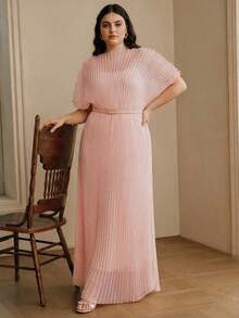 Anewsta Plus Size Solid Color Minimalist Casual Dress - Pink - View 6
