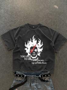 Manfinity ZONE917 Boxy Short Flame Red Lightning Portrait Punk Slogan Distressed Print Black Acid Wash Short Sleeve T-Shirt, Suitable For Spring/Summer, Gift For Friends - Black - View 1