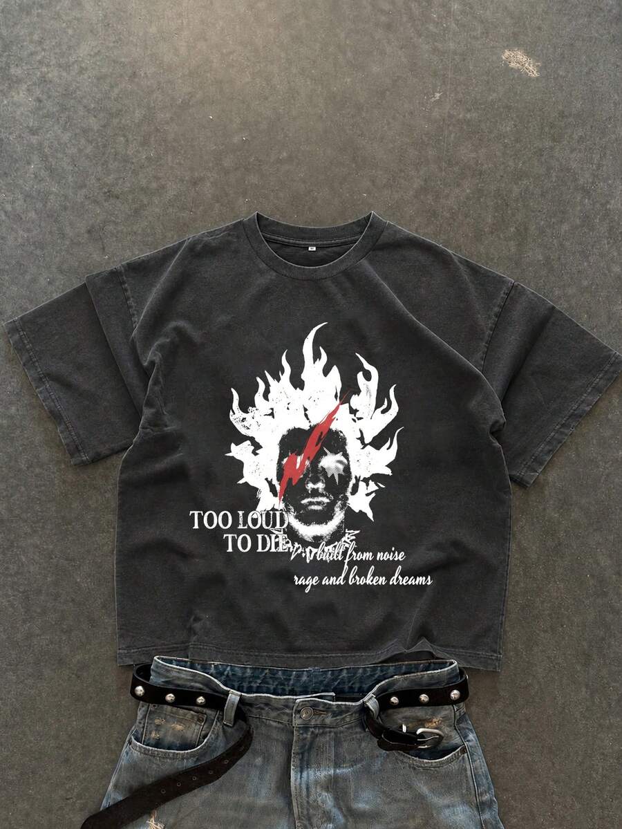 Manfinity ZONE917 Boxy Short Flame Red Lightning Portrait Punk Slogan Distressed Print Black Acid Wash Short Sleeve T-Shirt, Suitable For Spring/Summer, Gift For Friends - Black - View 1
