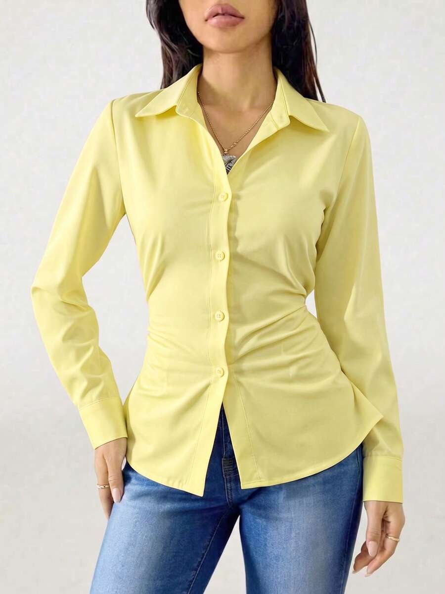 SHEIN بلوزة طويلة الأكمام بخصر مجعد وأزرار أمامية فردية للفتيات المراهقات في العطلات - أصفر - مشاهدة 1