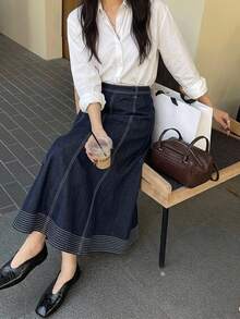 DAZY Women's Long Mermaid Denim Skirt, Vacation Style Autumn Work Everyday Navy Blue French Casual - Dark Wash - View 2