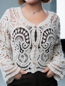 SARA VAULT Vacation Casual Hollow Out Crochet Cardigan In Fall/Winter - Apricot - View 3