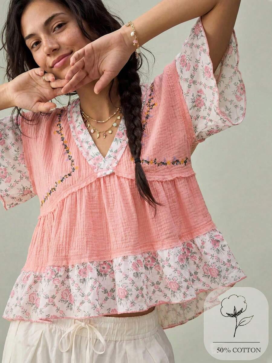 SoleilVie 女款粉色四季休閒上衣 花卉拼接荷葉邊分層刺繡短袖度假上衣 - 粉色 - 查看 1