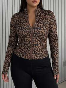 Dazy Plus Plus Size Fall New Brown Print Sports Casual Baggy Fitness Jacket Homewear Office - Brown - View 3