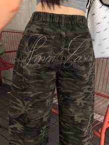 Dazy Plus Street Casual Camouflage Loose Long Pants With Back Letter Rhinestone Design, Long Denim Jeans, All Season Fall - Army Green - View 2