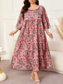 Lacomfia Plus Size Loose Fit Bamboo Linen Printed Fabric Dress With Patchwork Lace On Front Panel And Cuffs, Casual Style For Spring And Summer Daily Wear - Multicolor - View 6