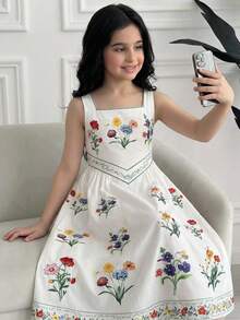 Tween Girl Spring/Summer Casual Vacation Elegant Vintage Floral Print Square Neck Patchwork Ruched Hem Dress White Tween Girl - White - View 6