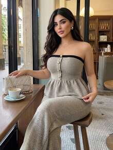 Dazy Plus Plus Size Contrast Color Ruffle Hem Bandeau Top And Wide Leg Pants Sweet 2 Pieces Set Lounge Sets For Women Vacation - Grey - View 5