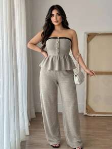 Dazy Plus Plus Size Contrast Color Ruffle Hem Bandeau Top And Wide Leg Pants Sweet 2 Pieces Set Lounge Sets For Women Vacation - Grey - View 7