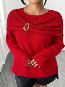 Elenzga Plus Size Metal Buckle Twisted Knit Pullover Sweater Winter - Red - View 4