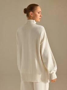 CLARA VERO Turtleneck Split Hem Cable Sweater, Loose Fit, Daily Or Cozy, Chunky Cable Knit, High Neck - White - View 2
