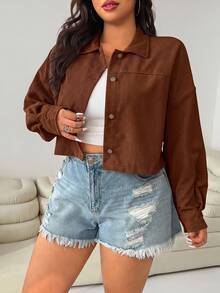 SHEIN EZwear 女款大尺碼純色休閒百搭日常長袖夾克 - 棕色 - 查看 3