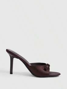 CUCCOO SZL 女款圓頭 9CM 優雅細高跟一腳蹬鞋 PU 材質 金屬圓扣 棕色小貓跟 時尚百搭 日常派對約會度假舞會通勤戶外穿搭鞋 - 棕色. - 查看 3