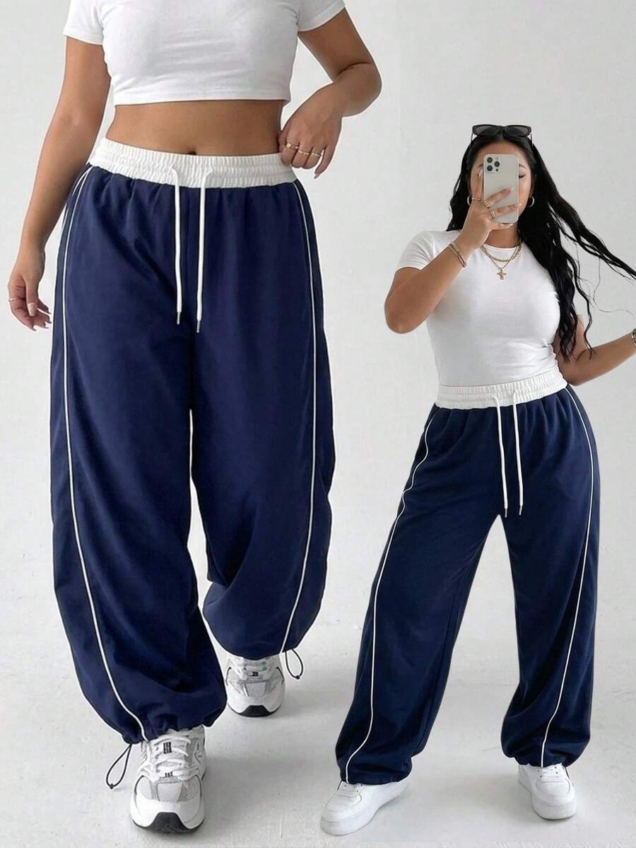 Dazy Plus Plus Size Women's Colorblock Patchwork Waistband Sports Casual Sweatpants Spring Autumn - Navy Blue - View 1