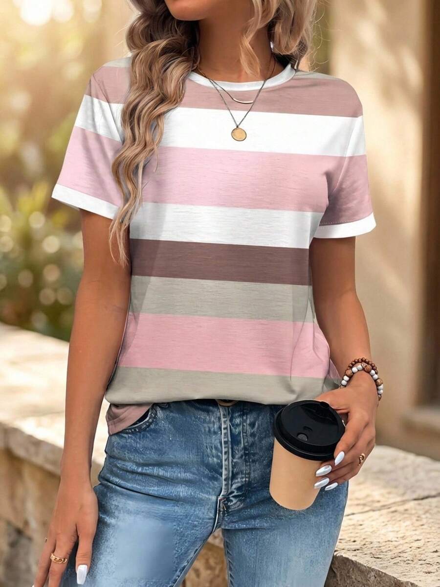 EMERY ROSE Striped Colorblock Short Sleeve Slim Fit T-Shirt, Casual Summer Style, Casual - White - View 1