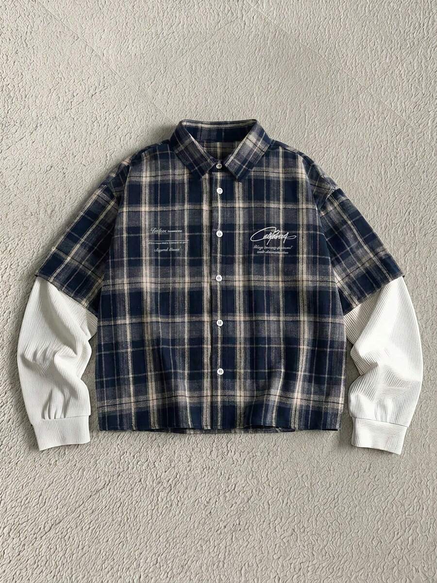 AXEPEAK Men's Plaid Patchwork 2 In 1 Shirt - Multicolor - View 1
