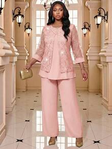 SHEIN Lady 大尺碼女款亮片網紗 2 合 1 上衣與長褲優雅兩件套 - 藕粉色 - 查看 3