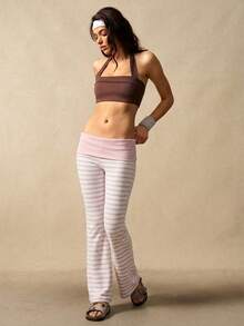 VARSIVA 女士休闲条纹喇叭裤，腰部可翻折，打底裤 - 淺粉色 - 查看 10