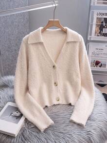 SHEIN Women's Autumn/Winter French Lazy Style Faux Mink Knit Cardigan Deep V-Neck Minimalist Solid Color Versatile Sweater Top - Apricot - View 5