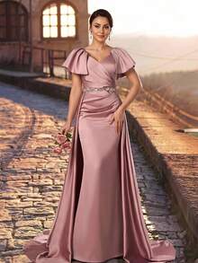 Serin Elegant Dusty Pink Satin V Neck Flutter Sleeve Rhinestone Beaded Ruched Pleated Mermaid Train Floor Length Mother Of The Bride Wedding Guest Gown - Pink - View 3