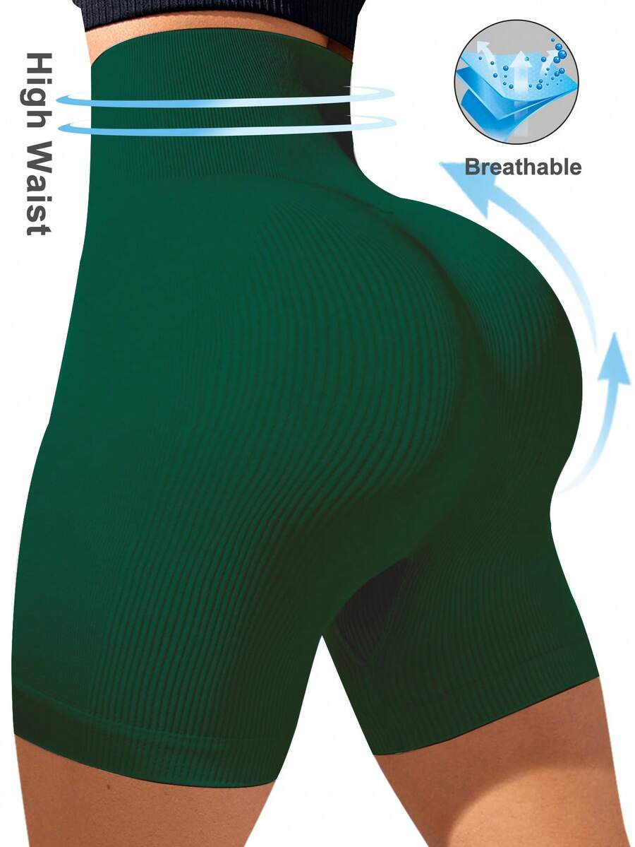 SHEIN Sports 1pc Women's Seamless High Elastic Wide Waistband Vertical Ribbed Running Fitness Workout Outdoor Streetwear Base Layer Sports Shorts - Dark Green - View 1