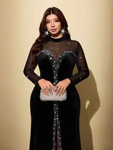 Viva Relle Đầm dài nữ size lớn phối patchwork lưới xuyên thấu đính đá rhinestone, phong cách thanh lịch lãng mạn, phù hợp cho tiệc chiêu đãi, dạ hội, tiệc tùng và các dịp khác - màu đen - Xem 3