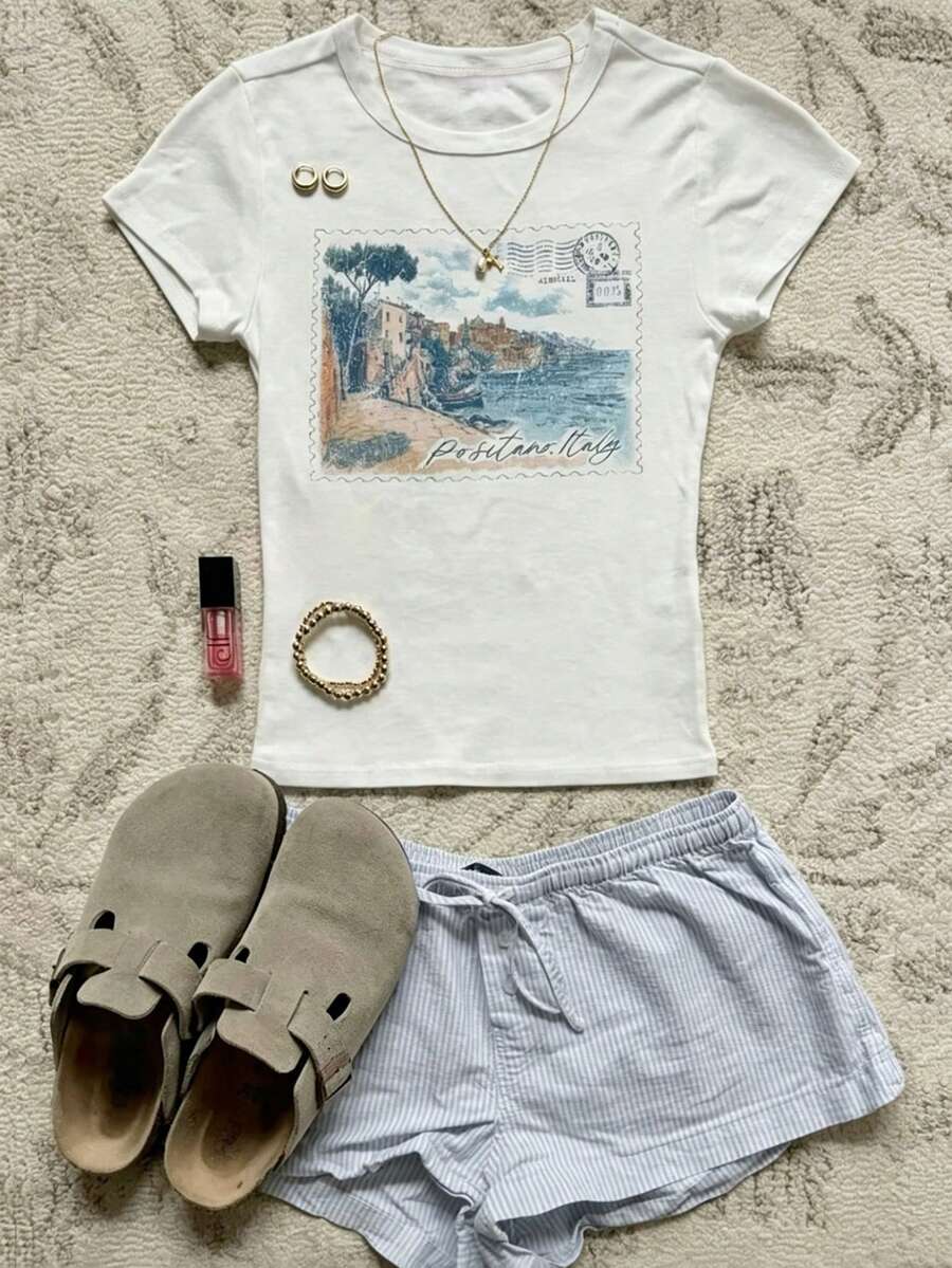 IslaSuriya Women White Ink Print Fitted Short Sleeve T-Shirt - White - View 1