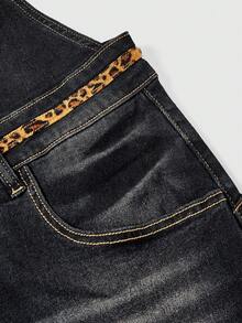 HELLO KITTY AND FRIENDS | ROMWE IP Collaboration HELLOKITTYANDFRIENDS0 Black Kitty Y2K 80s 90s Leopard Print Patchwork Embroidered Denim Jumpsuit Going Out Vacation Summer - Black - View 4