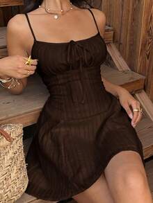 SHEIN EZwear 棕色編織女款細肩帶浪漫洋裝 - 棕色 - 查看 2