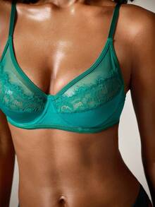 DreamPoppy 深綠色鋼圈全罩杯網紗蕾絲拼接透視聚攏提拉浪漫法式優雅精緻女款胸罩 - 綠色 - 查看 7