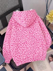 SHEIN EZwear 豹紋粉色可愛豹紋寬鬆舒適拉鍊連帽衛衣，適合秋冬，街頭風、機場風、時尚、Y2K風格 - 彩色 - 查看 2