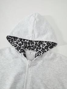 SHEIN 2件組青少年女孩灰色花卉連帽拉鍊開襟外套，寬落肩、羅紋腰部，時尚休閒設計運動衫搭配寬鬆舒適寬腿長褲套裝，休閒運動學院風，適合戶外、室內、運動、派對、學校及任何場合，春/秋/冬 - 彩色 - 查看 7