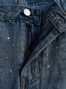 SHEIN Teen Girl Fashion Rhinestone Button Pocket Denim Shorts For Daily Wear - Dark Wash - View 5