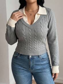 Dazy Plus Sweater Pullover Kasual Seksi untuk Musim Semi dan Gugur dengan Kerah Polo Warna Kontras Motif Patchwork dan Rajutan Kabel Lengan Panjang untuk Wanita, Cocok untuk Musim Semi dan Gugur. - Grey - View 3