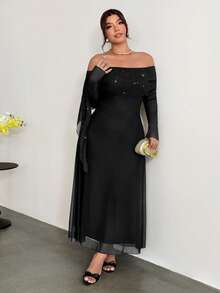 Firerie Plus Size Cold Shoulder Black Mesh Sequin Patchwork Cinched Waist Flared Mermaid Maxi Dress/Party Cocktail Formal Autumn Elegant Fall - Black - View 8