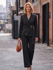 Hansera 2pcs Women Regular Solid Color Regular Shoulder Long Sleeve Crossed Wrap Fashion Suit Set Christmas Women's Winter Clothes - Black - View 3