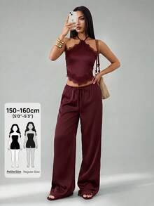 SHEIN PETITE 女款性感復古緞面對比蕾絲細肩帶上衣與低腰口袋寬腿褲套裝，夏季度假海灘夜生活約會酒紅色套裝 - 紫紅色 - 查看 3