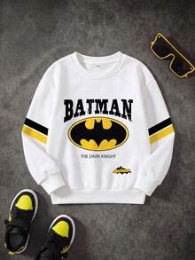 BATMAN X SHEIN 小男孩字母条纹图案圆领长袖套头衫 - 白色 - 查看 1