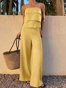 Livesso Women's 2 Pieces Summer Holiday Set With Yellow Ruffle Camisole Top And Casual Long Pants Thin Clothing - Yellow - View 6