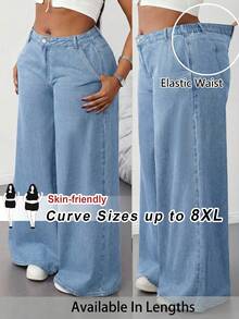 SHEIN CURVE+ 大尺碼女款高腰口袋寬腿鬆垮休閒牛仔褲 秋冬節慶優雅返校基礎度假正式商務藍色 - 藍色 - 查看 1