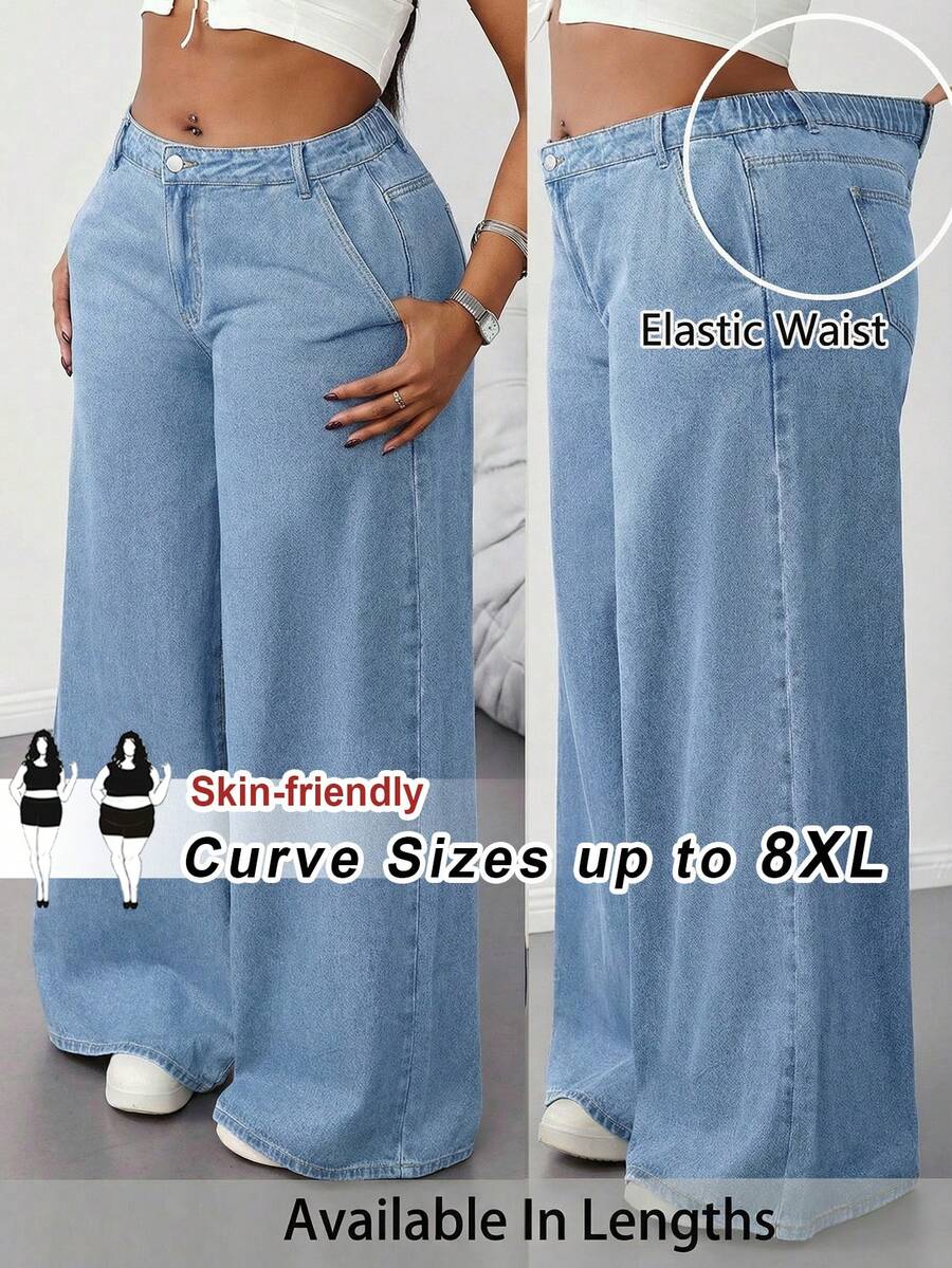 SHEIN CURVE+ 大尺碼女款高腰口袋寬腿鬆垮休閒牛仔褲 秋冬節慶優雅返校基礎度假正式商務藍色 - 藍色 - 查看 1