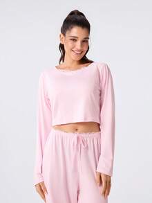 Loungeista 2pcs/Set Women's Round Neck Lace Patchwork Long Sleeve Top + Elastic Waist Long Pants Cute Loungewear Set - Pink - View 6