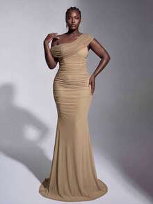 Elitara Plus Size Elegant Romantic Mesh One Shoulder Ruched Decor Fitted Bodycon Long Evening Dress For Women, Wedding Events, All Formal Occasions, Bridesmaid Dress - Khaki - View 5