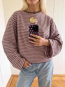 SHEIN EZwear Overseas Long Sleeve Strawberry Chocolate Striped Top, Autumn Top, Suitable For Daily Commute, Gathering, Autumn/Winter/Spring/Summer, Christmas, New Year, Thanksgiving, Party, Wedding, Beach, Graduation Ceremony, Elegant, Outing, Dating, Commute, Valentine's Day, Elegant, Vacation, Y2K, Graduation Ceremony And Other Occasions - Multicolor - View 5