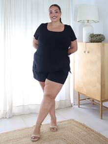 Pretty and Ole 大尺碼女款夏季純色不對稱下擺休閒抽繩側邊黑色T恤 - 黑色 - 查看 4