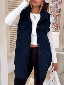 SHEIN EZwear 1件女款純色鈕扣前襟無袖口袋休閒背心，秋冬日常穿著 - 藏蓝色 - 查看 6